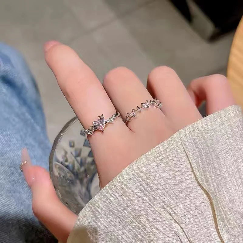 Sparkling Pink Zircon Ring — Dainty Y2K Heart & Star Ring for Women