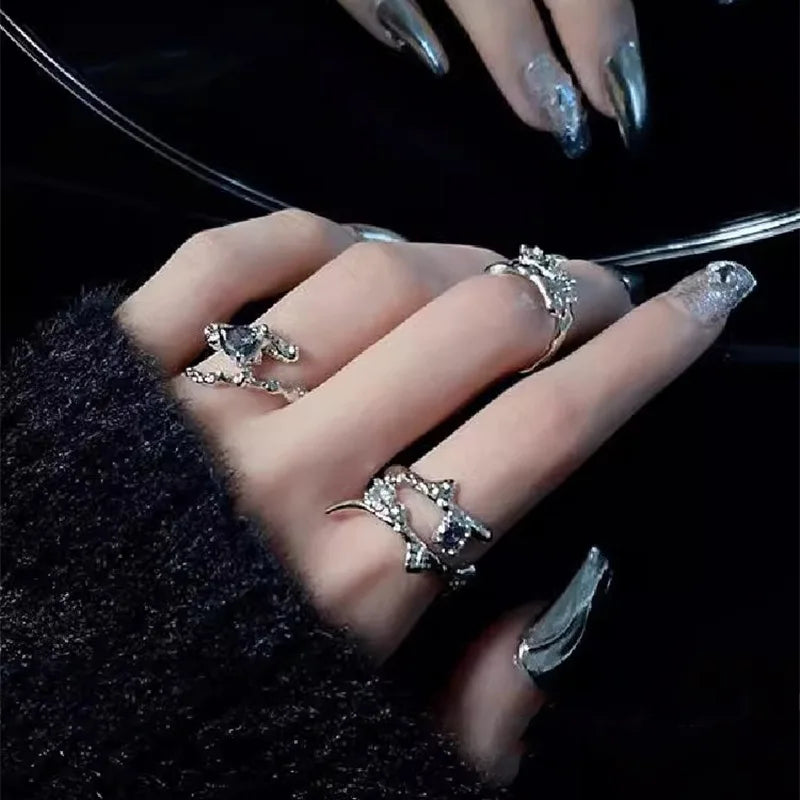 Y2K Zircon Ring Set (3-Piece) — Star & Opal Crystal Stackable Rings