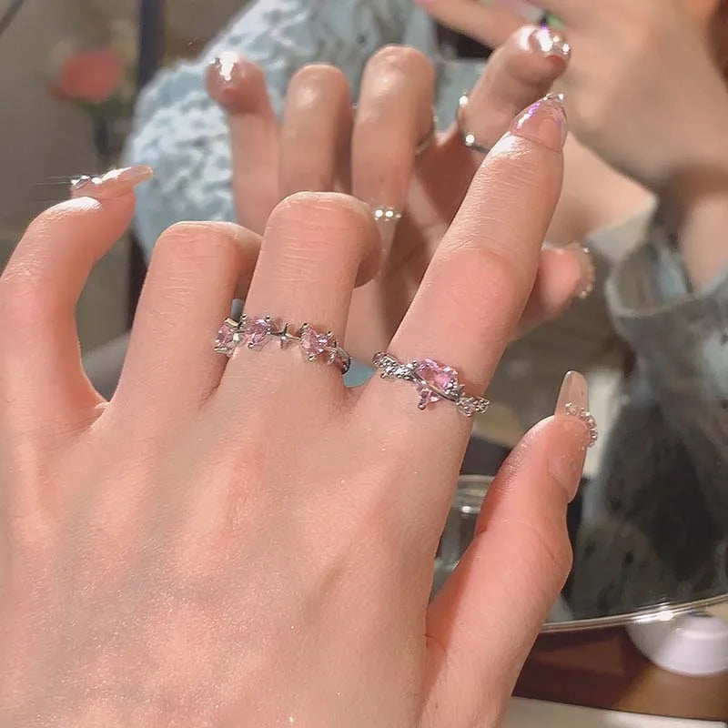 Pink Crystal Heart Ring — Cute Y2K Adjustable Zircon Ring for Women