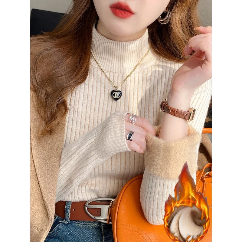 Velvet-Lined Turtleneck Top — Warm Thermal Knit Base Layer for Women
