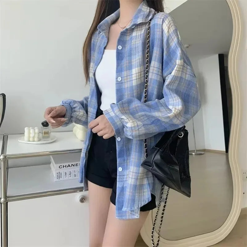 Plaid Flannel Shirt — Vintage Preppy Button-Up Blouse for Women