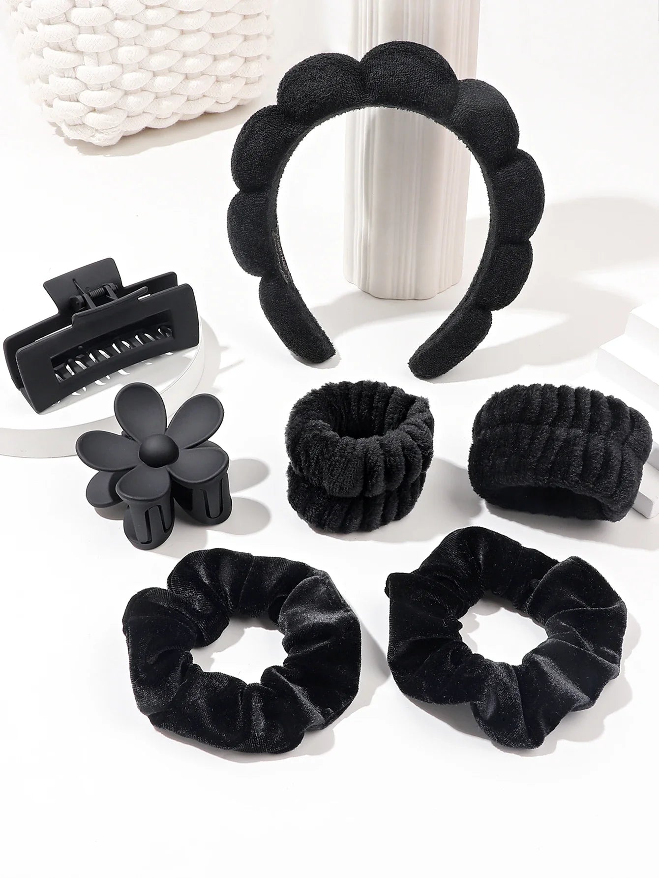 Spa Headband & Scrunchie Set (7-Piece) — Microfiber Makeup Wash Headband + Wrist Bands