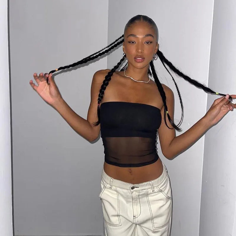 Y2K Mesh Crop Top — Off-Shoulder Strapless Going-Out Tank for Women