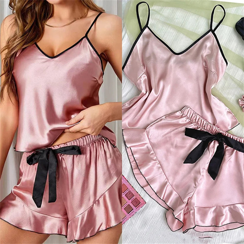 Satin Cami Pajama Set — V-Neck Cami & Ruffle Bow Shorts Sleepwear