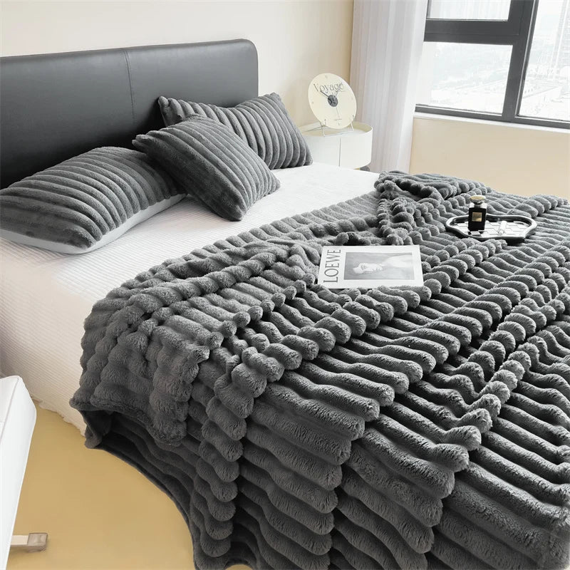 Thick Striped Fleece Blanket — Soft Multi-Purpose Throw for Bed, Sofa & Pets