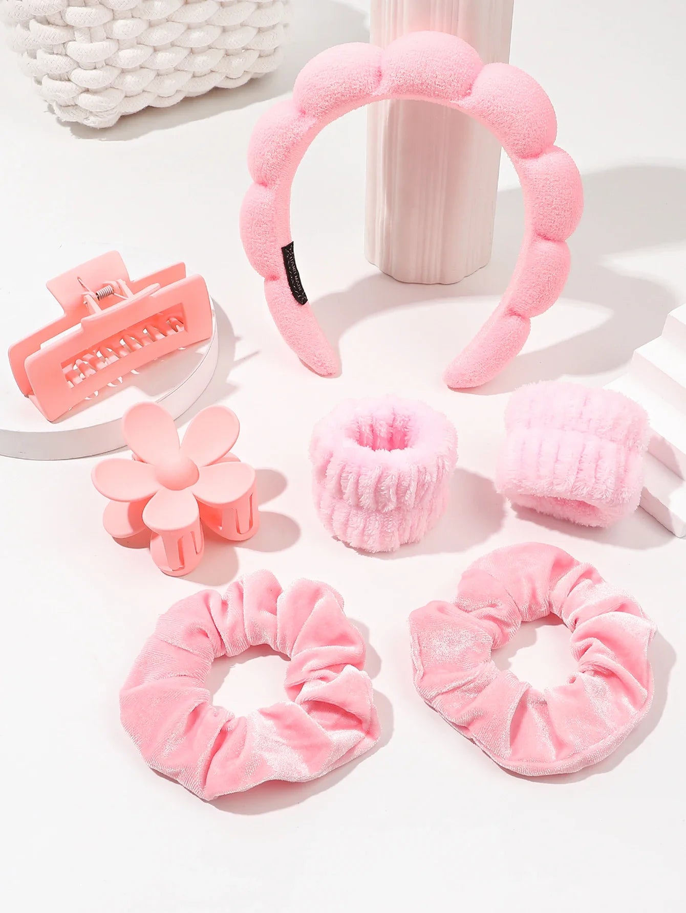 Spa Headband & Scrunchie Set (7-Piece) — Microfiber Makeup Wash Headband + Wrist Bands