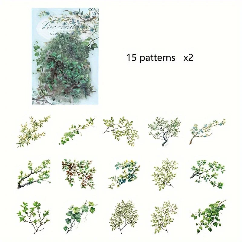 Vintage Flower Stickers — 30pc Waterproof PET Stickers for Journaling