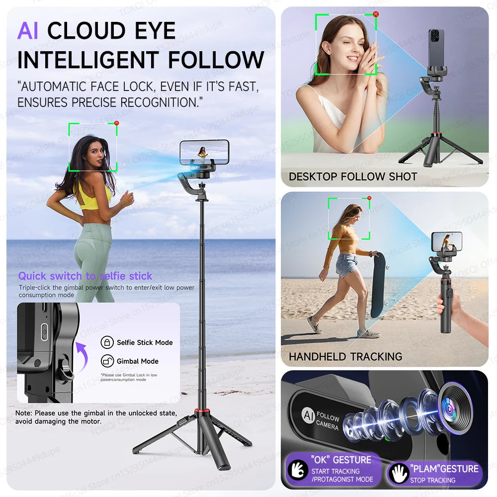 AI Face-Tracking Selfie Gimbal — 360° Auto Rotation