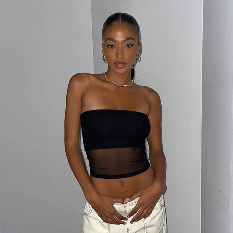 Y2K Mesh Crop Top — Off-Shoulder Strapless Going-Out Tank for Women