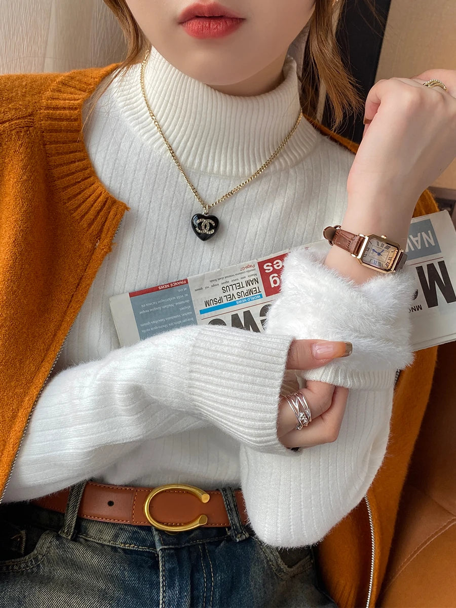 Velvet-Lined Turtleneck Top — Warm Thermal Knit Base Layer for Women
