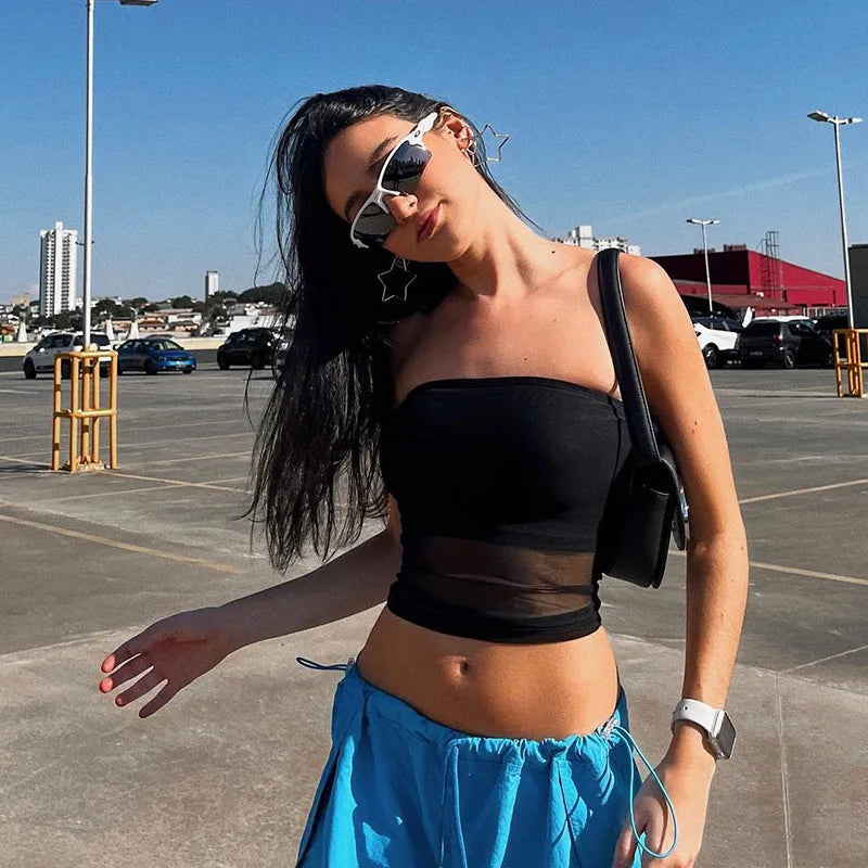 Y2K Mesh Crop Top — Off-Shoulder Strapless Going-Out Tank for Women