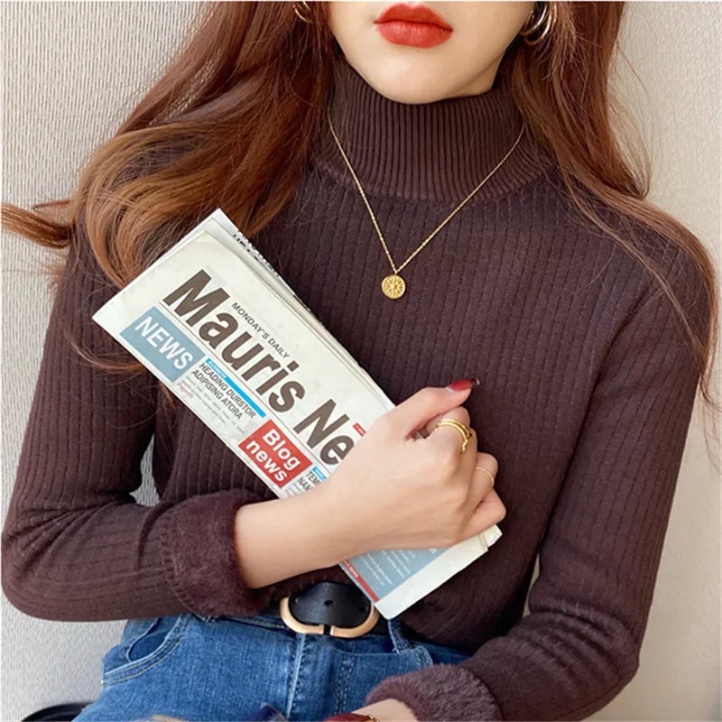 Velvet-Lined Turtleneck Top — Warm Thermal Knit Base Layer for Women