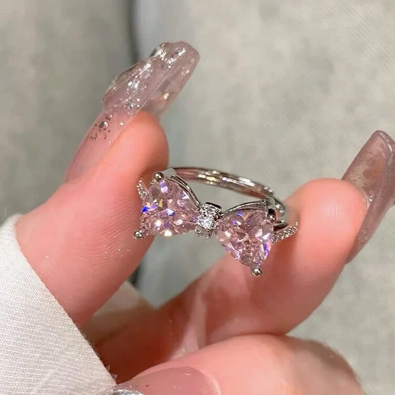 Pink Crystal Heart Ring — Cute Y2K Adjustable Zircon Ring for Women