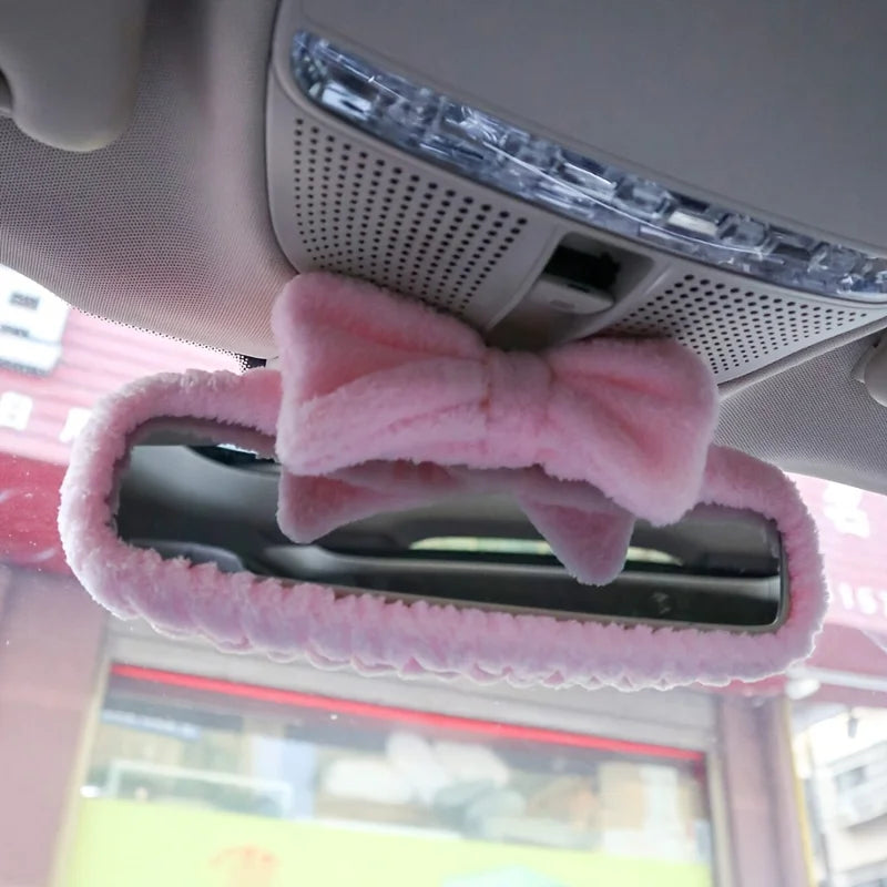Plush Bow Rearview Mirror Cover — Cute Pink Car Mirror Accessory