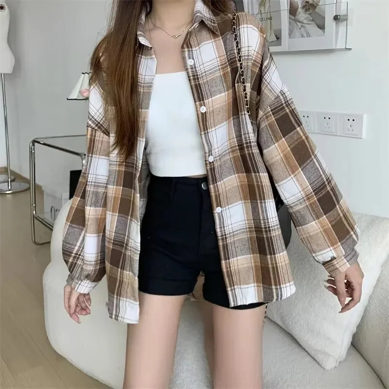 Plaid Flannel Shirt — Vintage Preppy Button-Up Blouse for Women