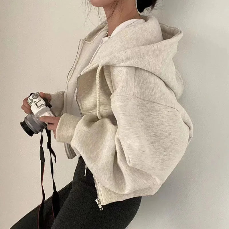 Fleece-Lined Cropped Zip Hoodie — Warm Slim Sweatshirt for Women