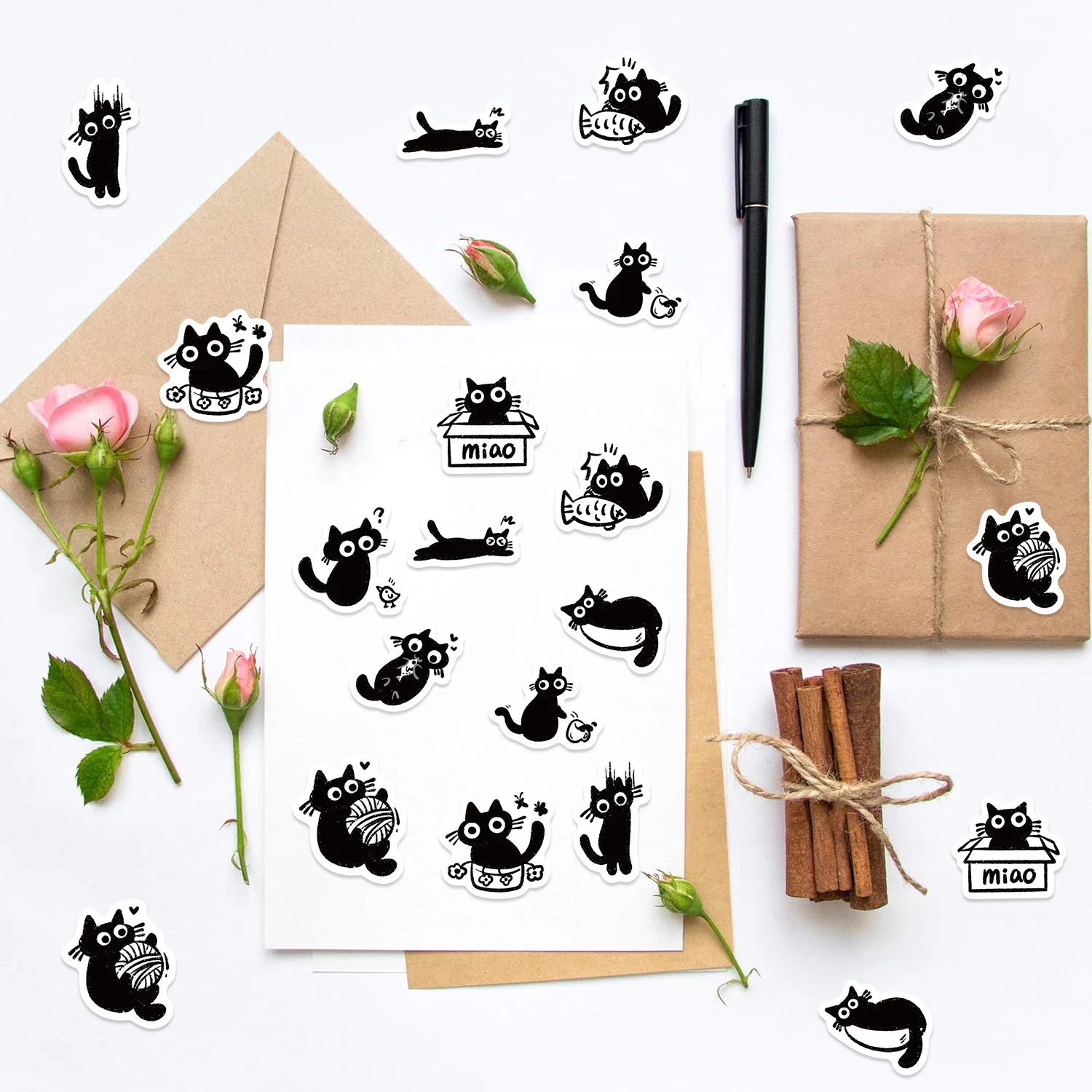 Cute Black Cat Stickers (500 Pcs) — Kawaii Waterproof Journal & Laptop Decals