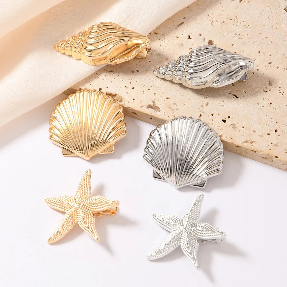 Gold Starfish & Shell Hair Clips (3-Pack) — Cute Coastal Duckbill Clips for Women