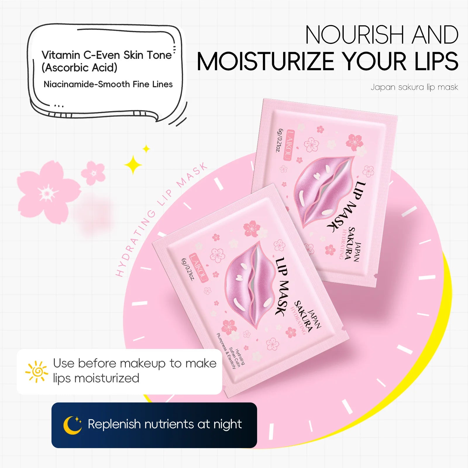 LAIKOU Overnight Lip Mask Patches 10-Pack Hydrating Repair Lighten Lip Lines Gel Pad