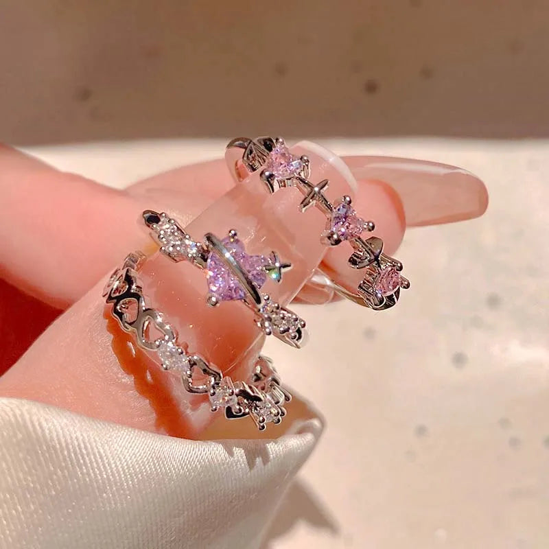 Pink Crystal Heart Ring — Cute Y2K Adjustable Zircon Ring for Women