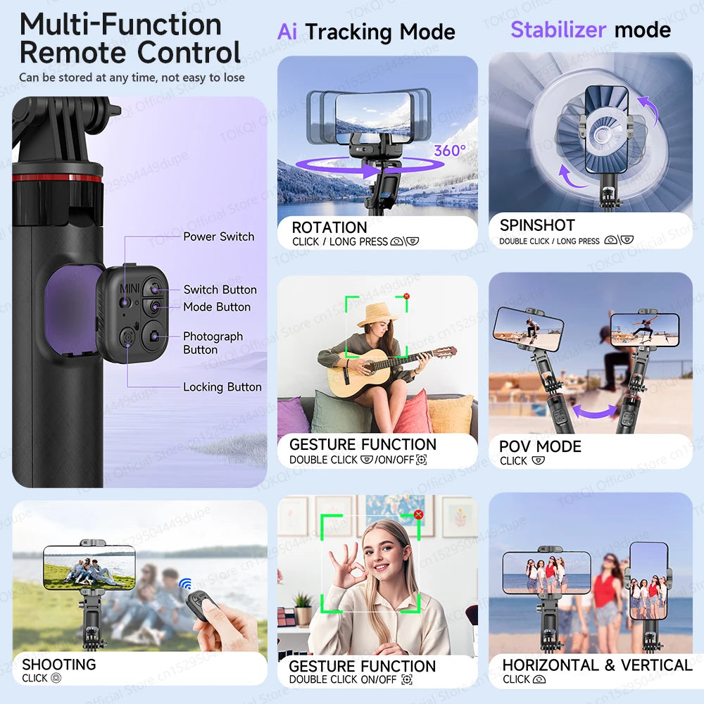 AI Face-Tracking Selfie Gimbal — 360° Auto Rotation