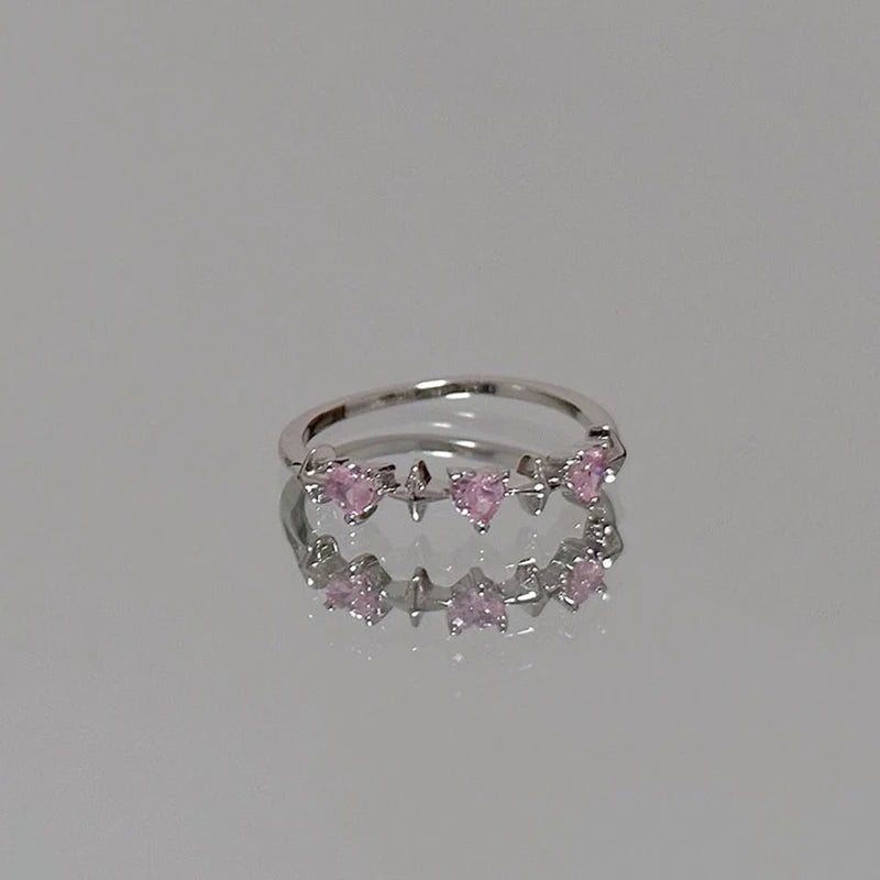 Sparkling Pink Zircon Ring — Dainty Y2K Heart & Star Ring for Women