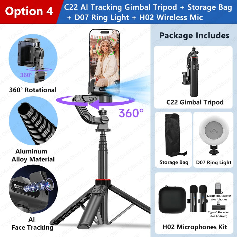 AI Face-Tracking Selfie Gimbal — 360° Auto Rotation