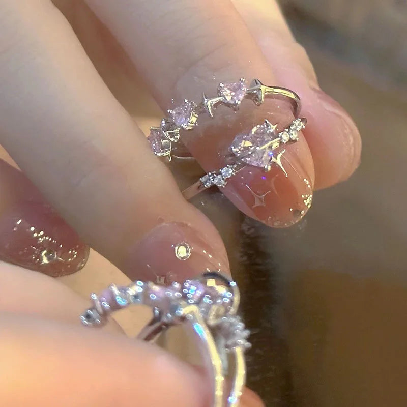 Sparkling Pink Zircon Ring — Dainty Y2K Heart & Star Ring for Women