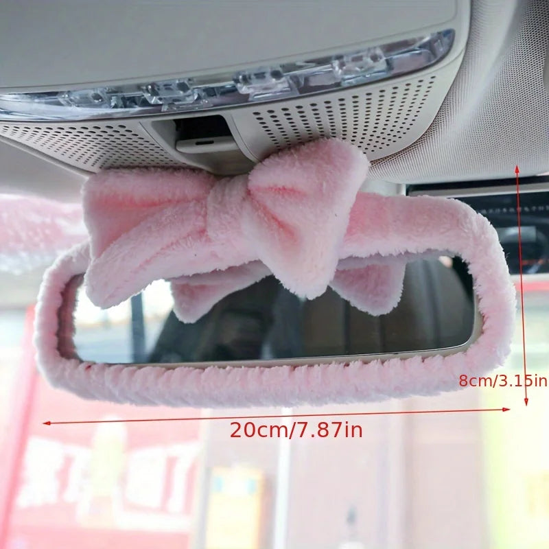 Plush Bow Rearview Mirror Cover — Cute Pink Car Mirror Accessory
