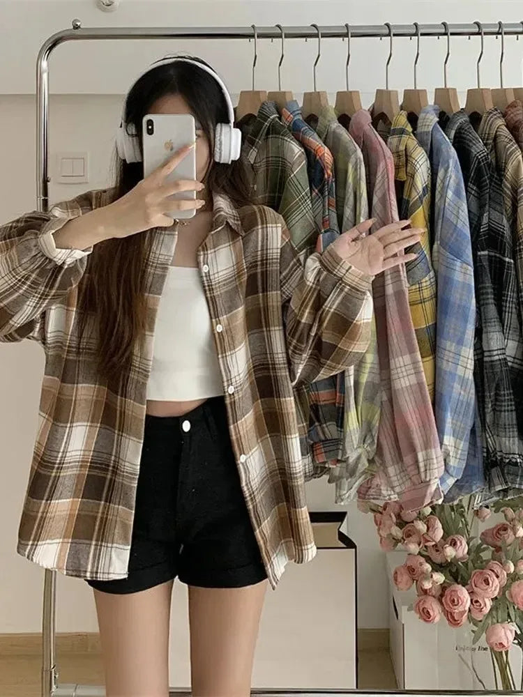 Plaid Flannel Shirt — Vintage Preppy Button-Up Blouse for Women