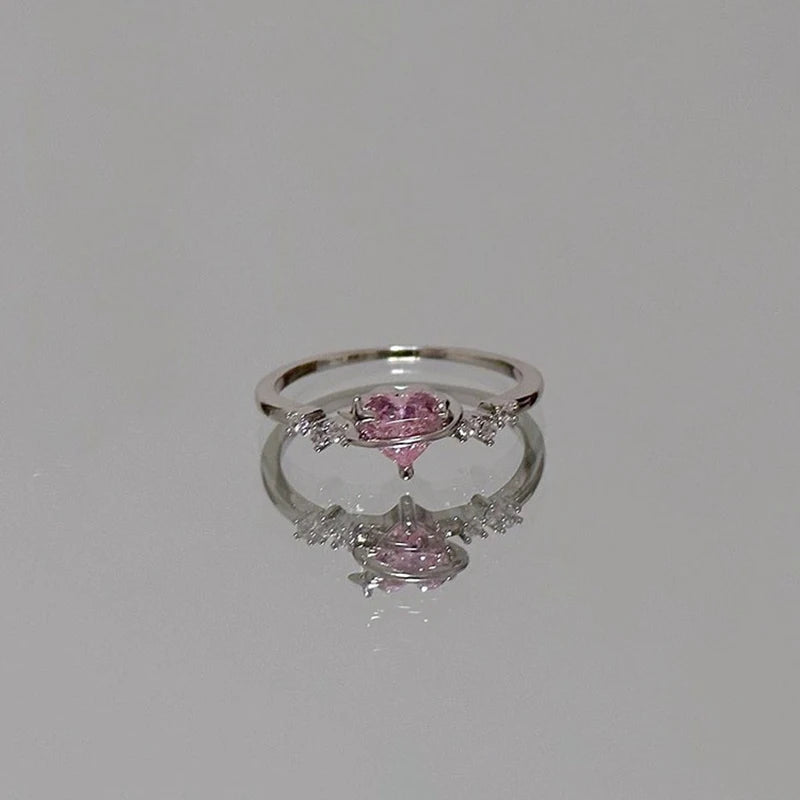 Sparkling Pink Zircon Ring — Dainty Y2K Heart & Star Ring for Women