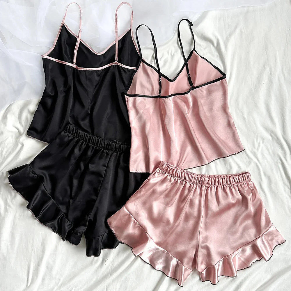 Satin Cami Pajama Set — V-Neck Cami & Ruffle Bow Shorts Sleepwear