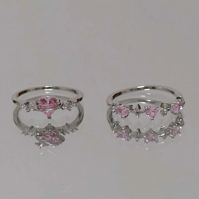 Pink Crystal Heart Ring — Cute Y2K Adjustable Zircon Ring for Women