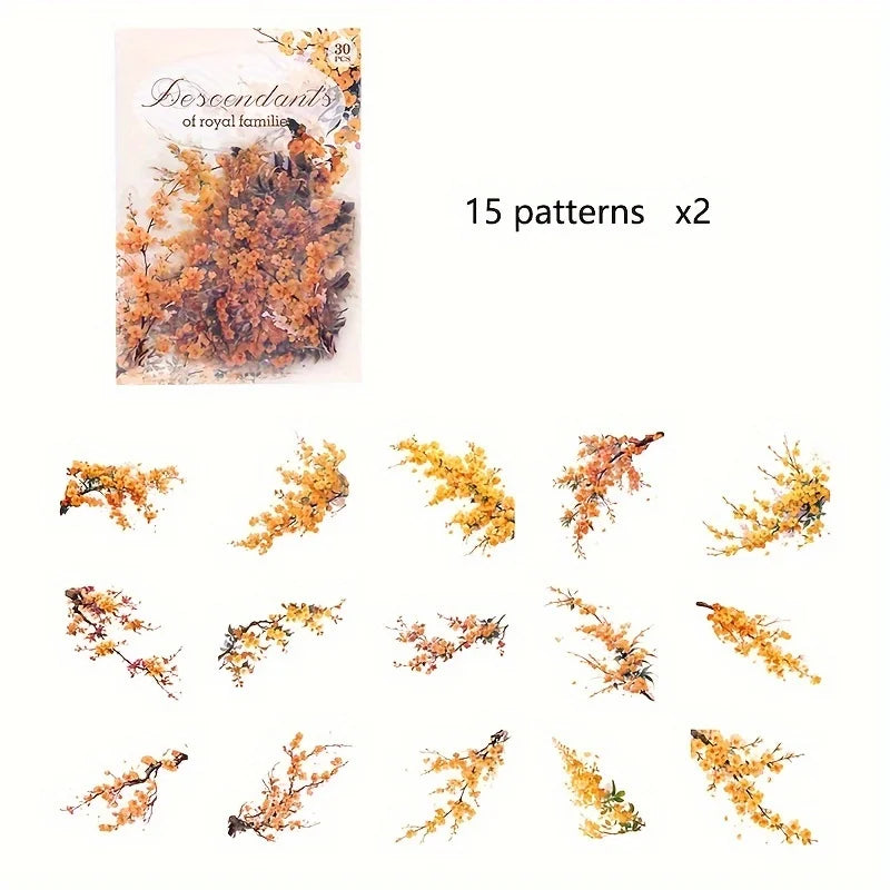Vintage Flower Stickers — 30pc Waterproof PET Stickers for Journaling