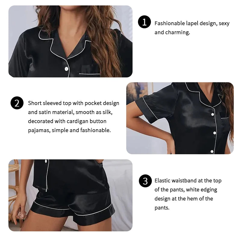 Silky Satin Pajama Set — Button-Down Top & Shorts, 2-Piece Sleepwear