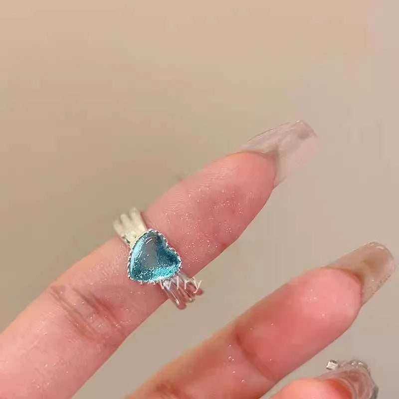 Pink Crystal Heart Ring — Cute Y2K Adjustable Zircon Ring for Women